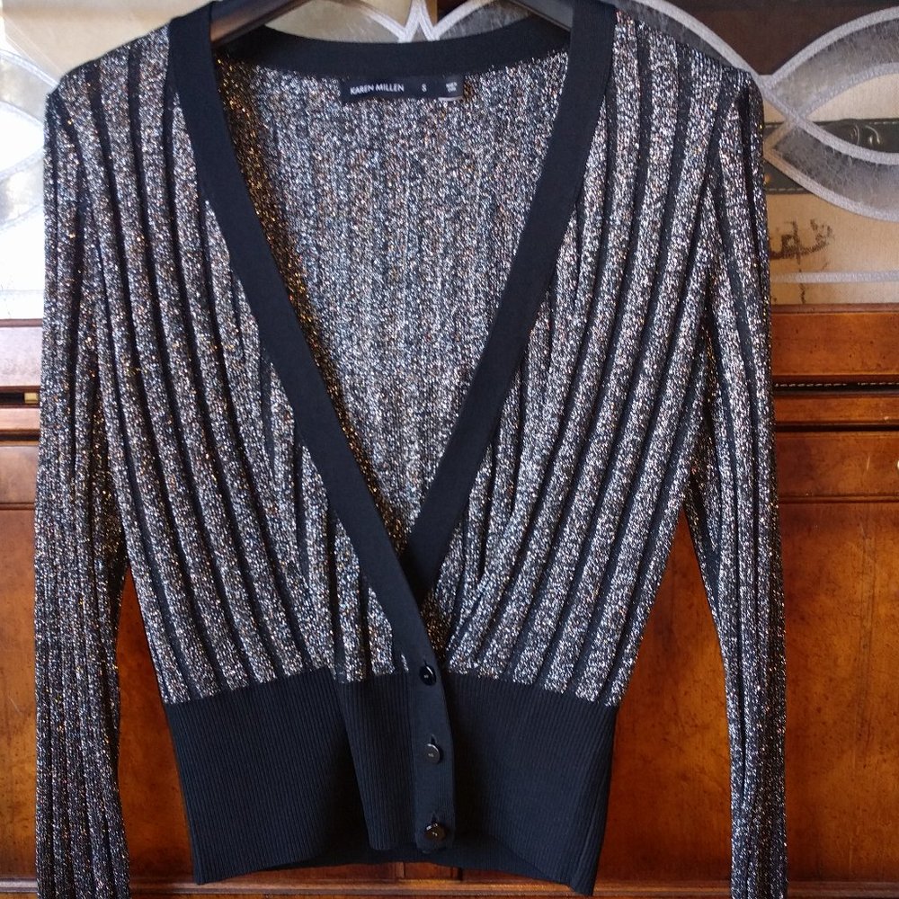 Karen Millen Ribbed Cardigan Sparkling Silver and Black size S